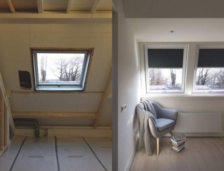 Vorher‑Nachher‑Vergleich einer Sitzecke mit neuem Roto Dachfenster