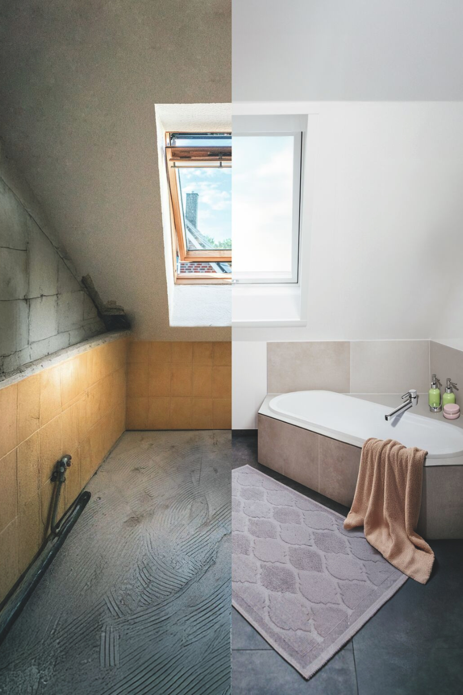 Vorher‑Nachher‑Vergleich eines Badezimmers mit neuem Roto Dachfenster