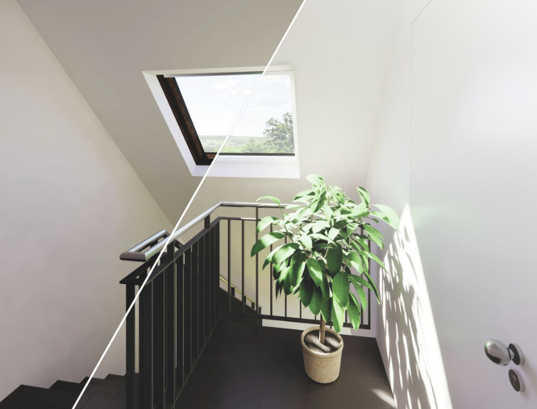Vorher‑Nachher‑Vergleich eines Flurs mit neuem Roto Dachfenster