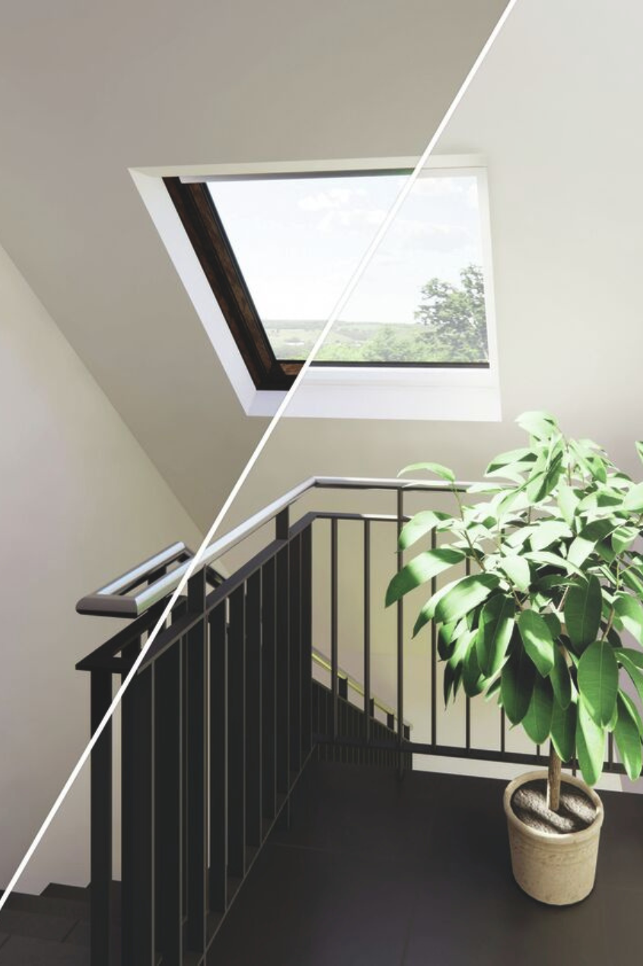 Vorher‑Nachher‑Vergleich eines Flurs mit neuem Roto Dachfenster