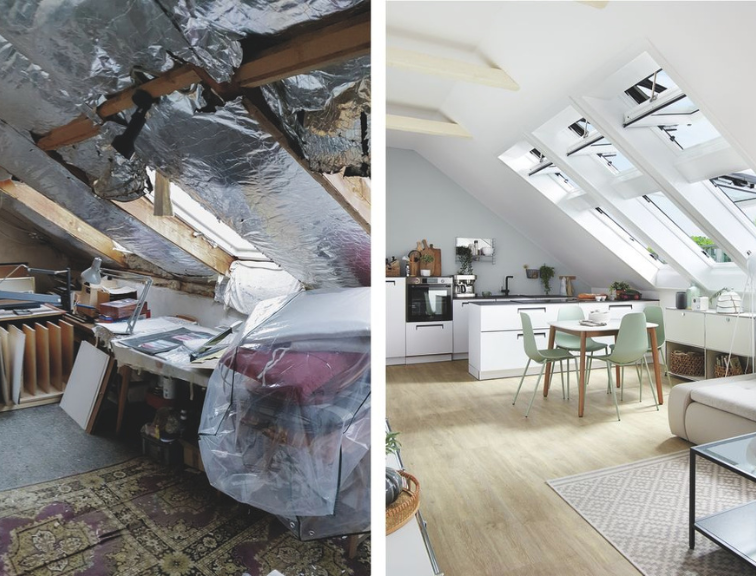 Vorher‑Nachher‑Vergleich einer Küche mit neuem Roto Dachfenster