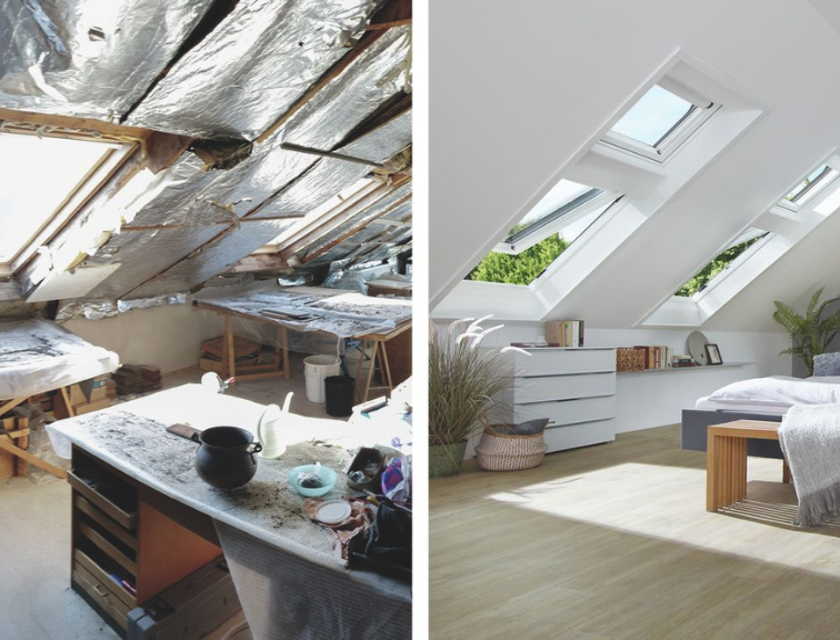 Vorher‑Nachher‑Vergleich eines Schlafzimmers mit neuem Roto Dachfenster