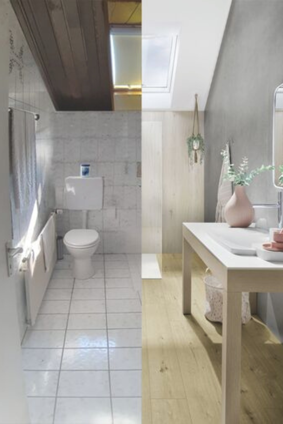 Vorher‑Nachher‑Vergleich eines WC‑Raums mit neuem Roto Dachfenster