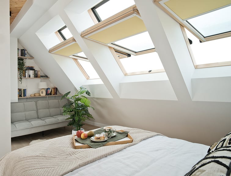 Wohn-Schlafbereich mit 3 geöffneten Roto Dachfenstern, einem Sofa und einem Doppelbett.