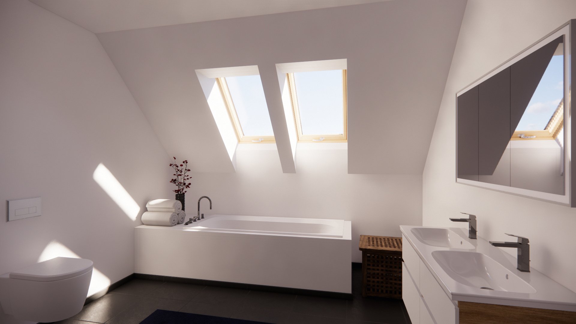 Badezimmer mit 2 Roto Dachfenstern.