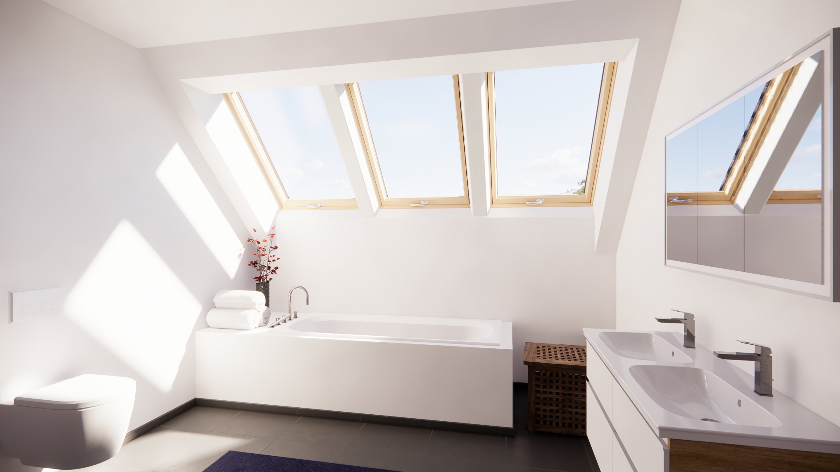 Badezimmer mit 3 Roto Dachfenstern.