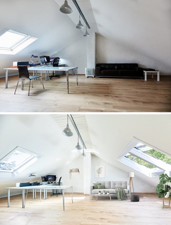 Vorher-Nachher-Bild in ein Wohn-Arbeitsbereich mit 3 eingebauten Roto Dachfenstern.