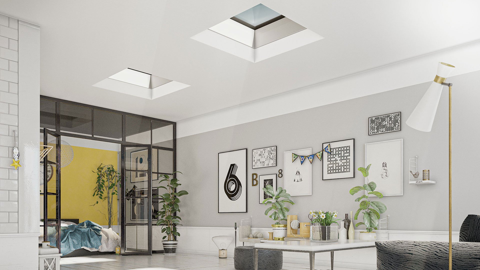 Blick in ein modernes Wohnzimmer mit Flachdachfenstern