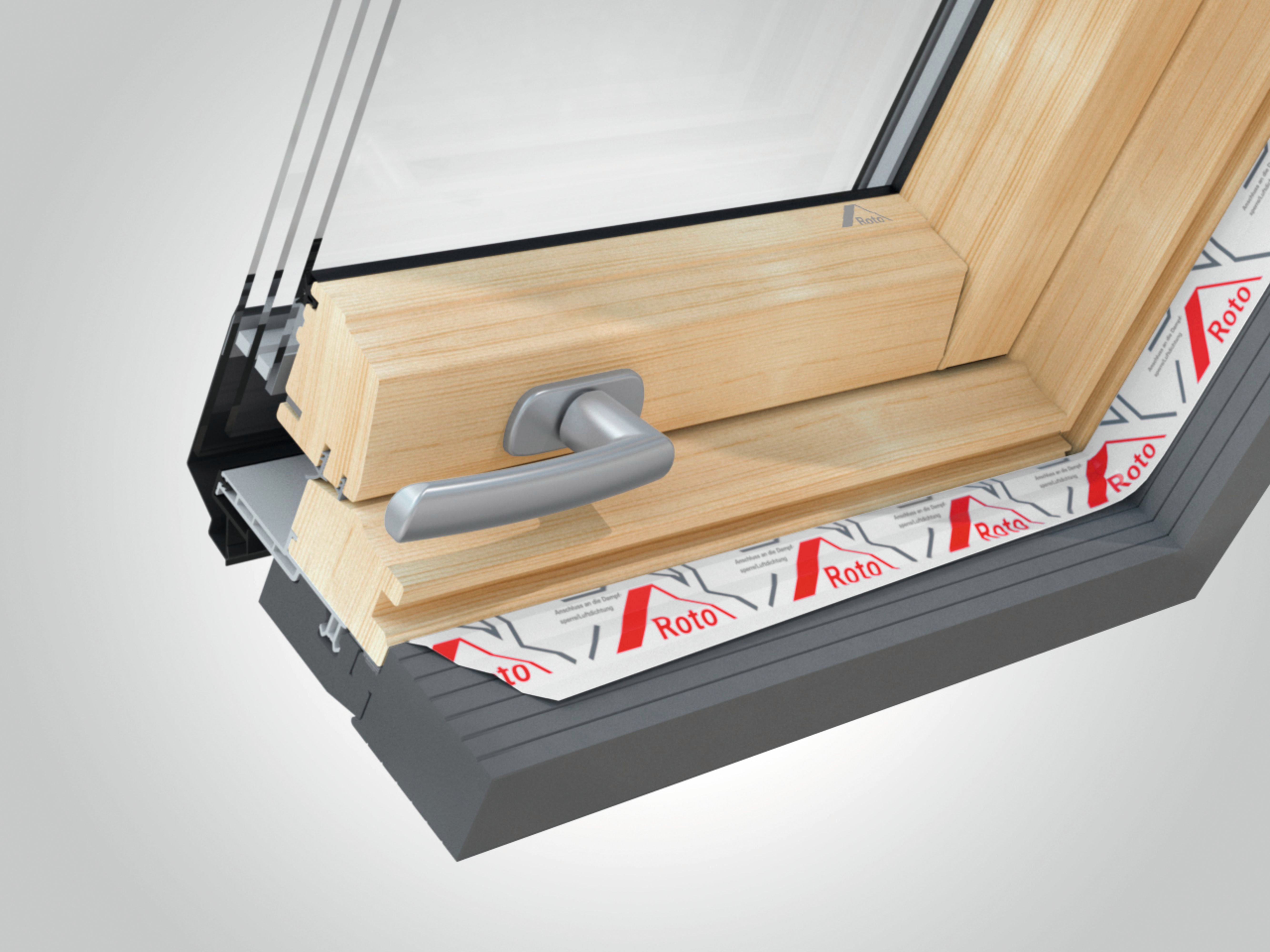 Querschnitt eines Roto R8 Dachfensters in Holz