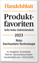 Handelsblatt_Produktfavorit_sehr_hohe__Zufriedenheit_2023_Roto_Dachsystem_Technologie